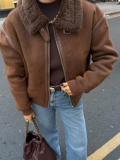 Coffee Lamb Wool Lapel Jackets for Zipper Long Sleeved Thicken Warm Coats New Female Winter