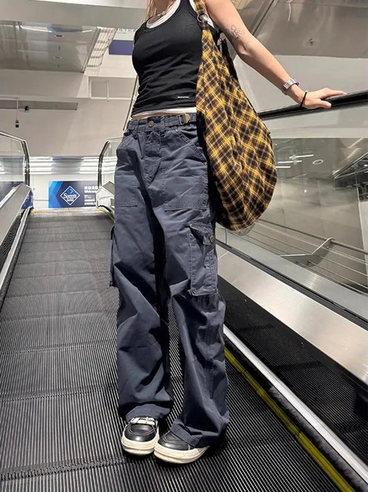 American Retro Multi Pocket Jeans for Y2k High Waist Loose Wide Leg Pants Early Autumn New Straight Trousers