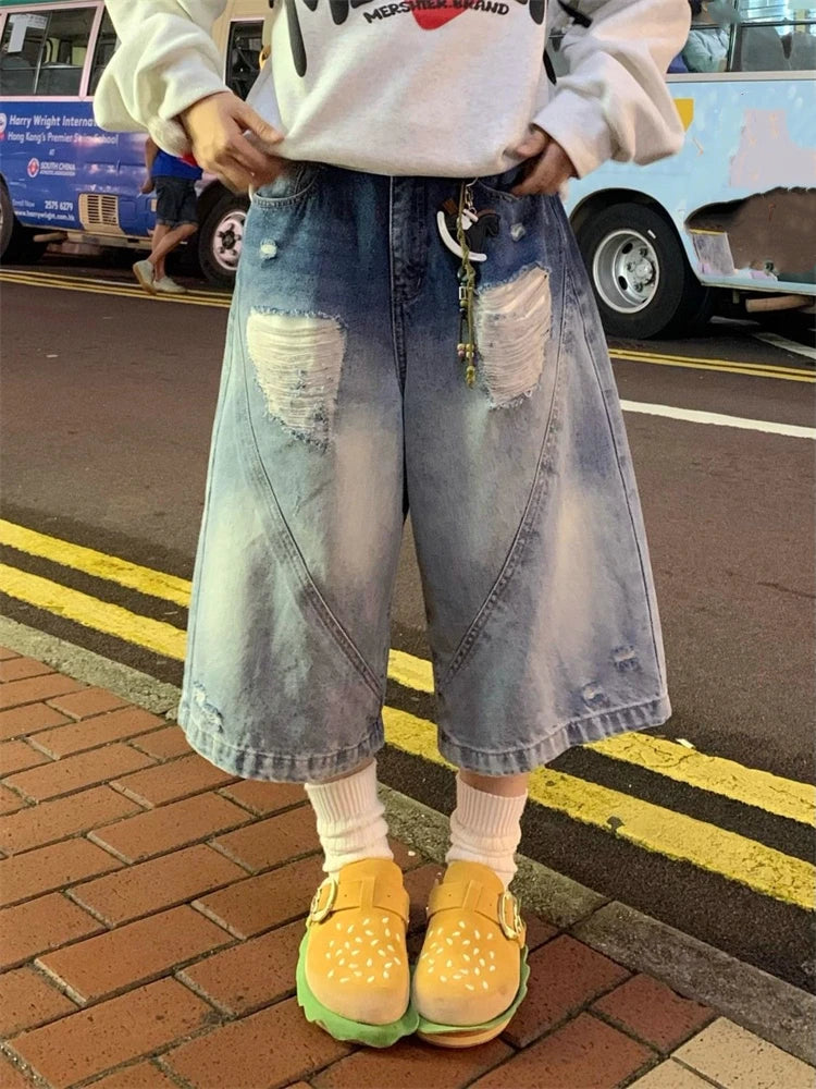 Gradient Broken Hole Wide Leg Blue Denim Shorts Style Capris Summer Female High Waist Loose Knee Length Jeans