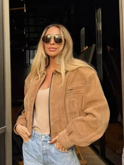 Camel Cropped Suede Jacket Lapel Full Sleeve Pocket Zipper Short Coat New Causal Autumn Lady Daily