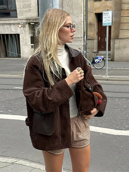 Lady Lapel Collar Pocket Woolen Short Coats Long Sleeve Loose Jackets Warm Winter