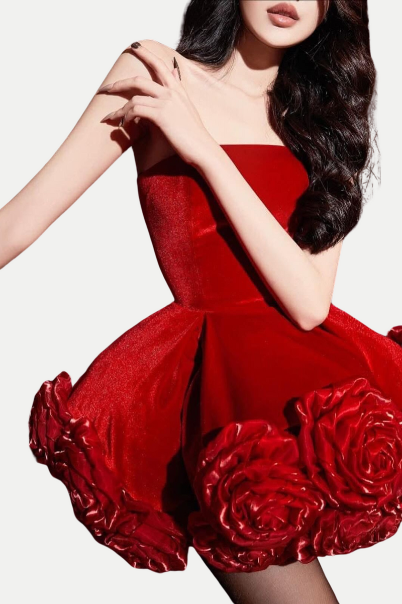 Sebast Flower Strapless Velvet Mini Dress - Red