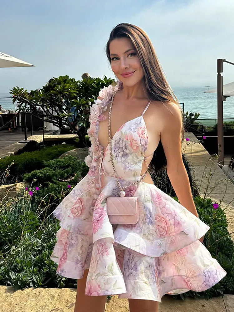 3d Halter Layered V Neck Mini Dress