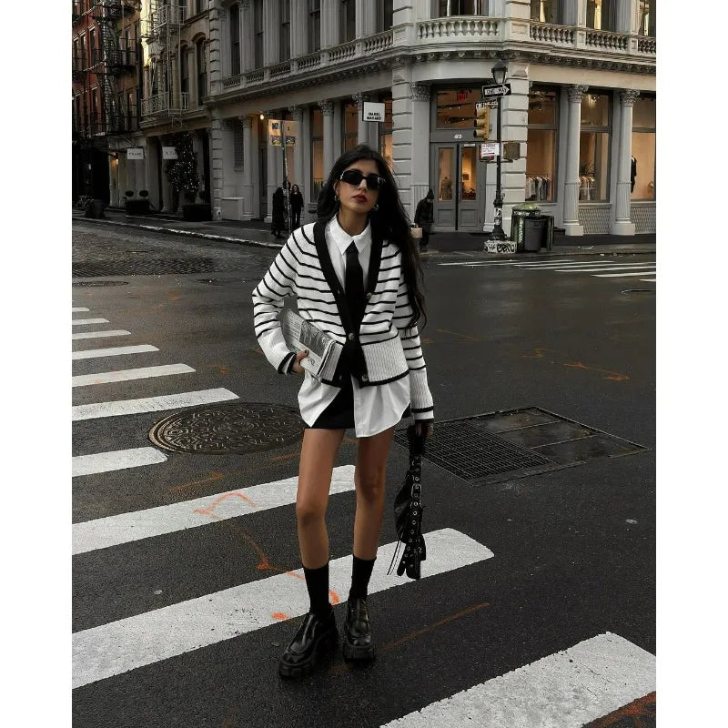 European and American Autumn and Winter New Versatile V-neck Striped Knitted Cardigan Sweater Striped Jacket