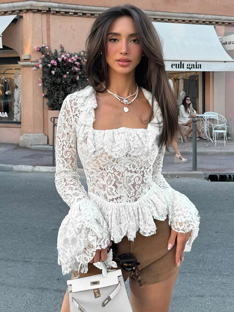 Splice Lace Square Collar See-through Top for Slim Flare Long Sleeve White T-shirt Female Pullover New
