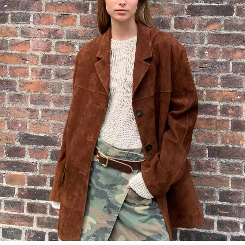 Brown Suede New Loose Oversized Street Coat