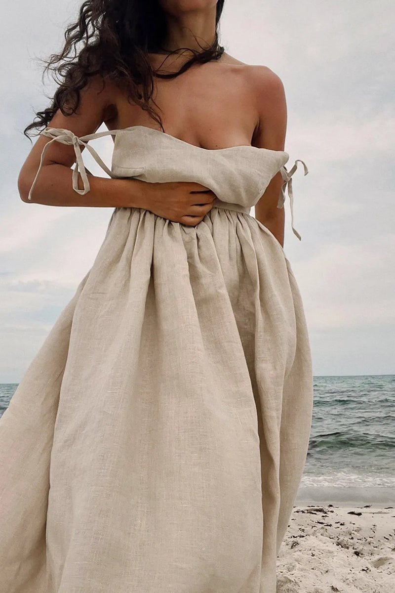 Secai Backless Cotton Linen Lace Up Maxi Dress