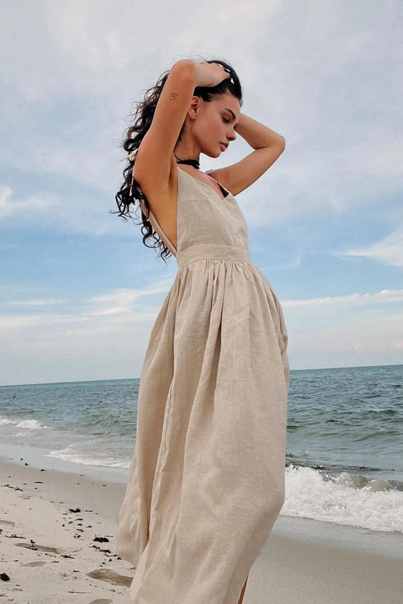 Secai Backless Cotton Linen Lace Up Maxi Dress