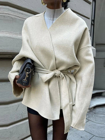 Lace Up Coat for V-neck Long Sleeve Slim Jacket Cardigan Autumn Winter Lady Outwear New in Coats