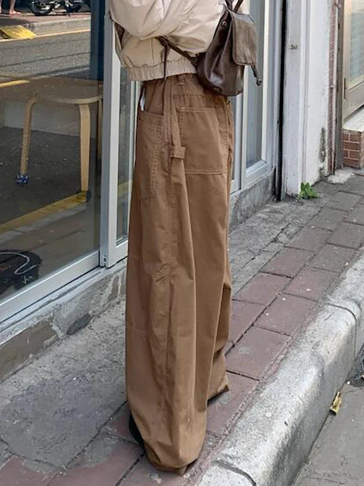 Plain Spliced Wide Leg Cargo Pants Big Pockets Drawstring Low Waist Loose Draped Sweatpants Lounge