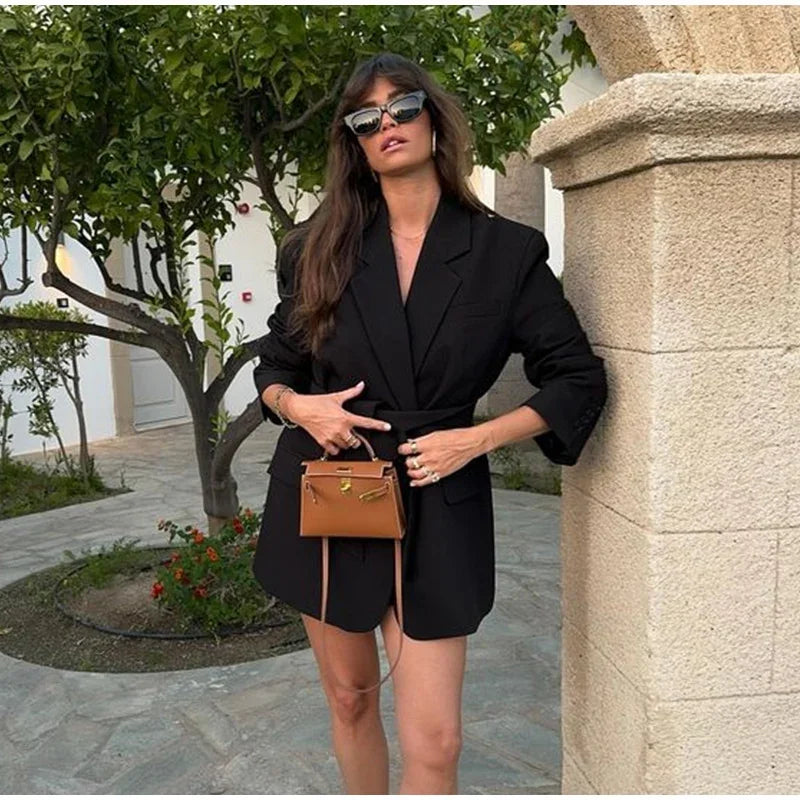 Loose Waist Cinching Belt Full Sleeve Jacket Female Tailored Coat Retro Lapel Suit Jackets