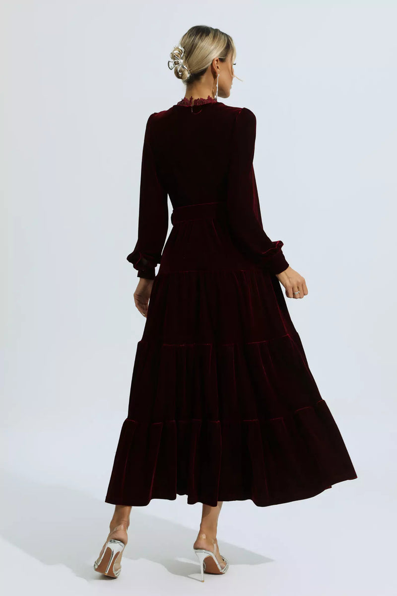 Selene Red Velvet Embroidered Maxi Dress