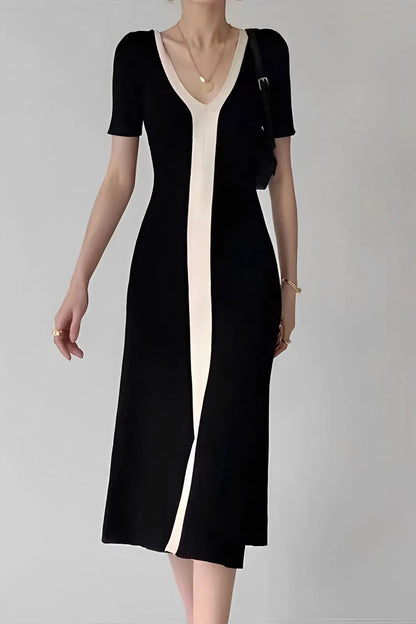 Sergio Black and White V-neck Knit Slit Midi Dress