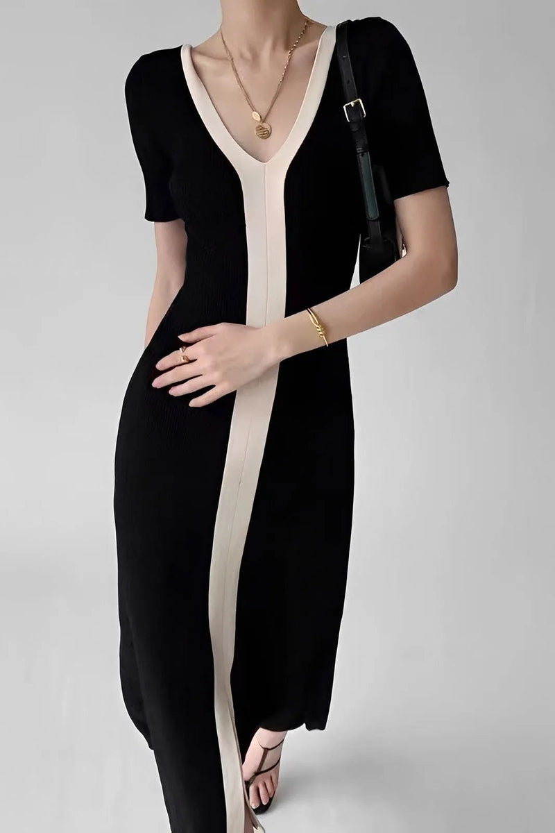 Sergio Black and White V-neck Knit Slit Midi Dress