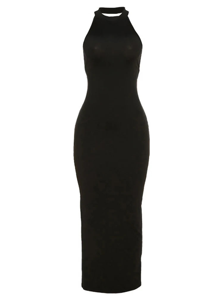 Backless Halter Bandage Outfits Sleeveless Summer Black Gown Midi Dresses