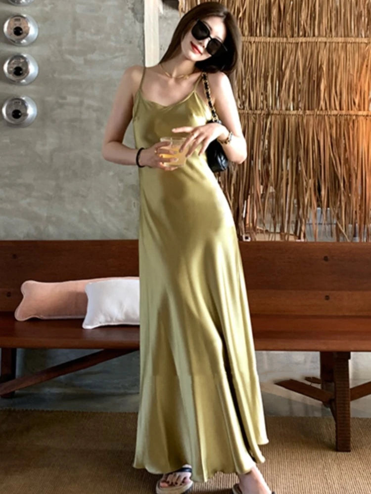 Bodycon Satin Spaghetti Strap Midi Dress Evening Party Dresses Summer New Holiday Style Prom Robe Vestido Mujer