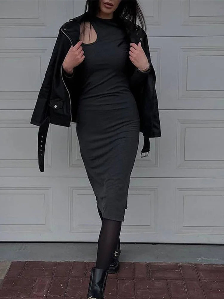 Cut Out O-neck Long Sleeve Midi Dresses