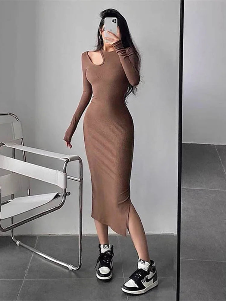 Cut Out O-neck Long Sleeve Midi Dresses