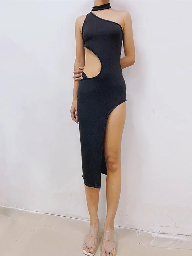 Sleeveless Cut Out Irregular High Split Club Female Midi Dresses