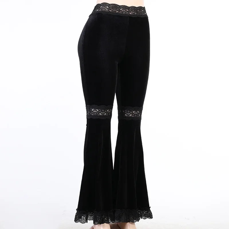 Patchwork Lace Flare Gothic Dark High Waist Loose New Suede Pants