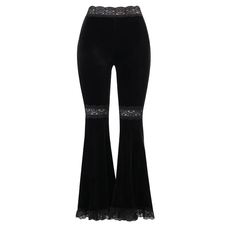 Patchwork Lace Flare Gothic Dark High Waist Loose New Suede Pants