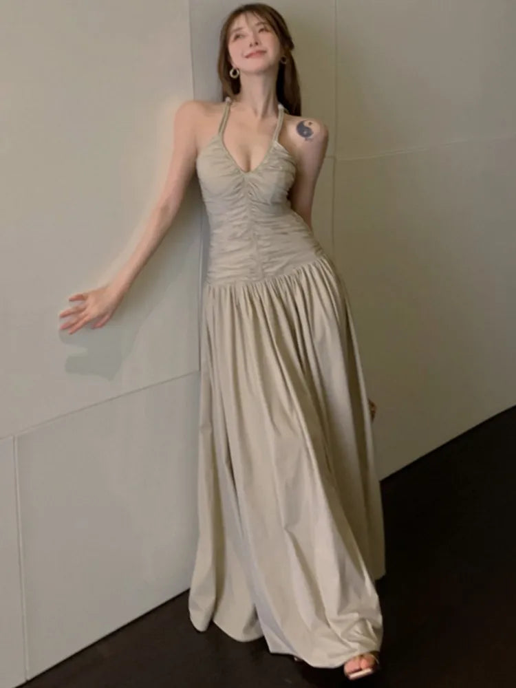 Halter Long Dresses for Slim A-line Holiday Beach Dress Sleeveless V-neck Korean New Spring Summer Clothing
