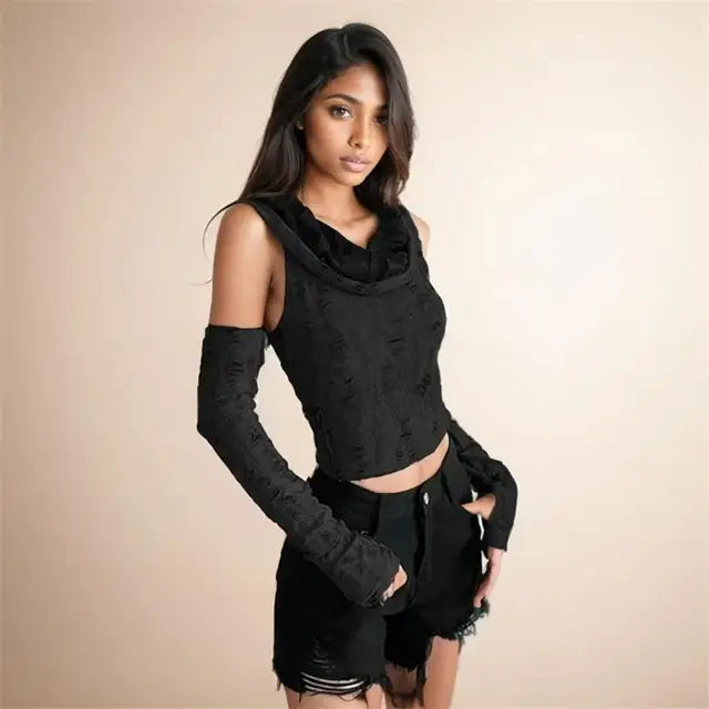 Hole Oversleeve Crop Top Aesthetic Black T-shirts Y2k Retro Hooded Tops Punk Tee Shirt Summer
