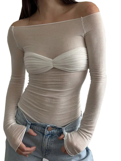 Long Sleeve Shoulder Gauze T-shirts Slim Versatile T-shirt Spring Female Off Shouler Tops