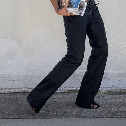 Low Waist Pu Leather Slim Lace Up Hem Split Floor-length Clubwear Pants