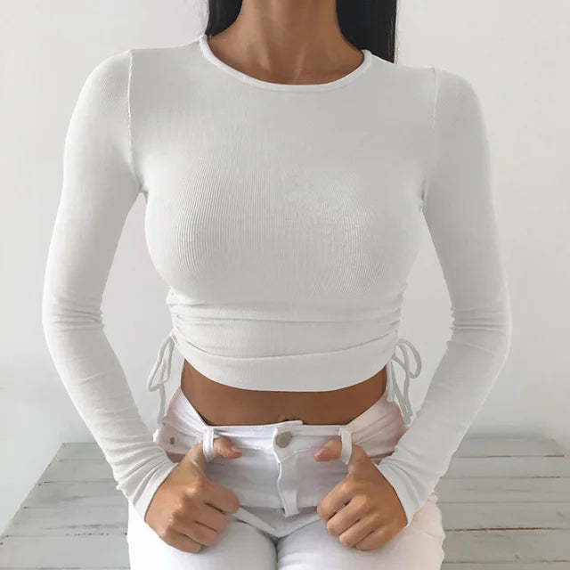 O-neck Long Sleeve Bodycon Cropped Tops Autumn Irregular Drawstring Bandage Knitted T-shirt