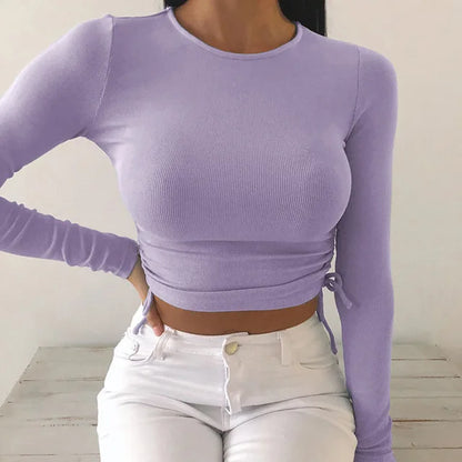 O-neck Long Sleeve Bodycon Cropped Tops Autumn Irregular Drawstring Bandage Knitted T-shirt
