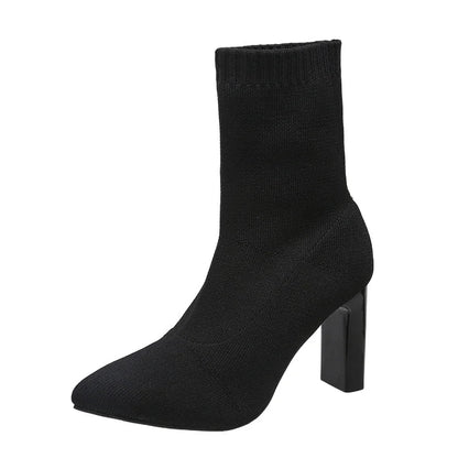 Pointed Toe Knitted Stretch Fabric Black Modern Ankle Boot