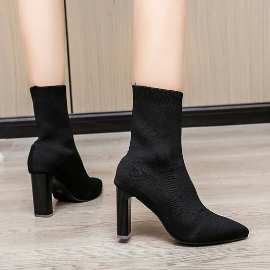 Pointed Toe Knitted Stretch Fabric Black Modern Ankle Boot