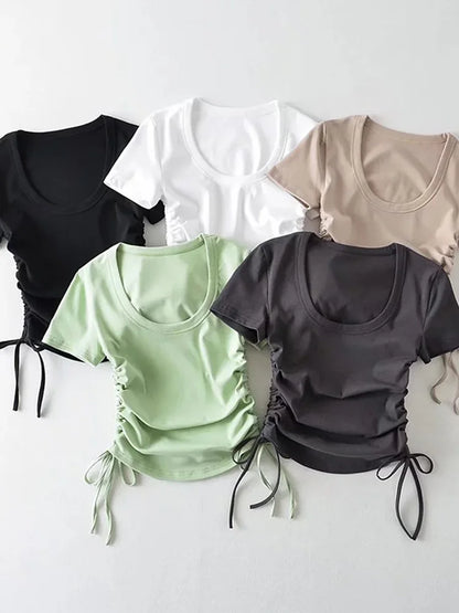 Slim ’s Crop Tops Summer Short Sleeved Crewneck Side Drawstring Bottoming Shirt T-shirt Top