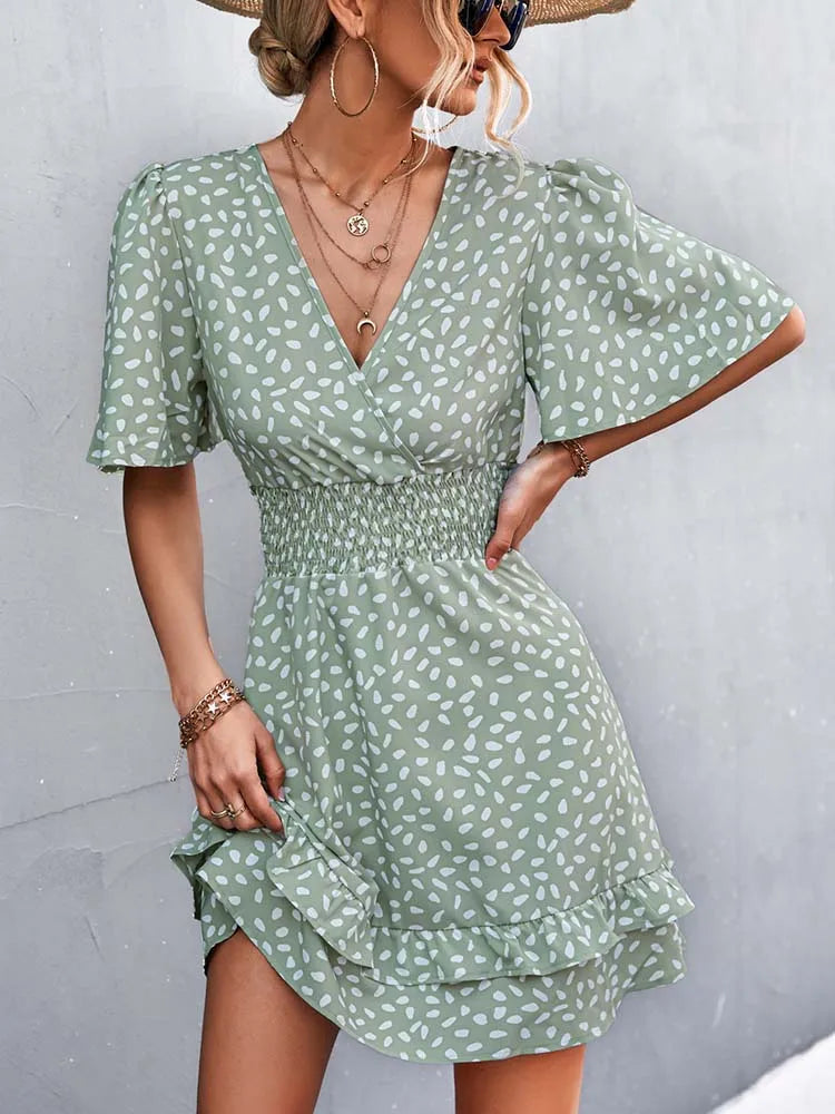 V Neck Mini Short Lotus Leaf Midi Dresses