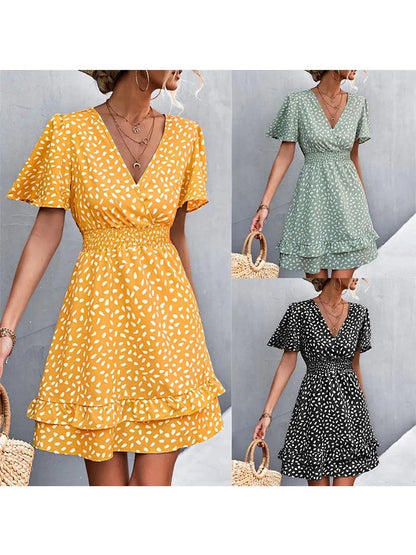 V Neck Mini Short Lotus Leaf Midi Dresses