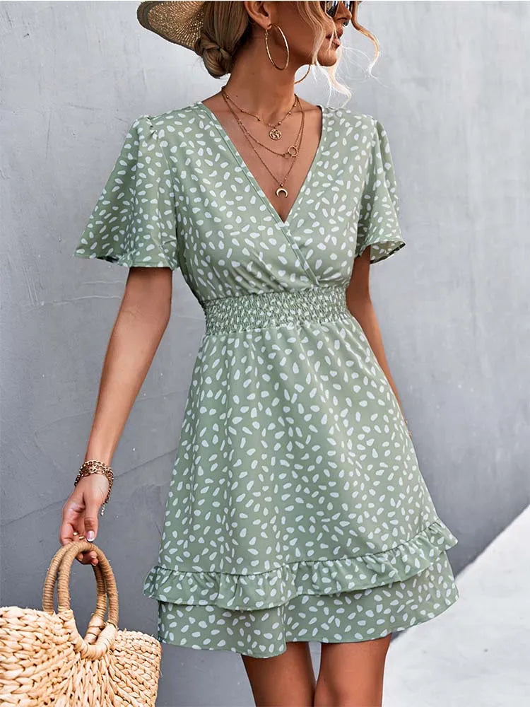 V Neck Mini Short Lotus Leaf Midi Dresses