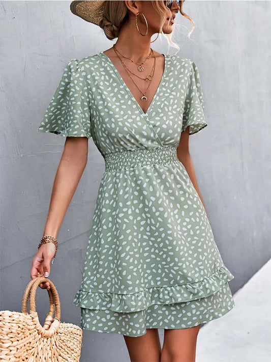 V Neck Mini Dress for Slim Short Dresses Female Lotus Leaf Sleeve Dress