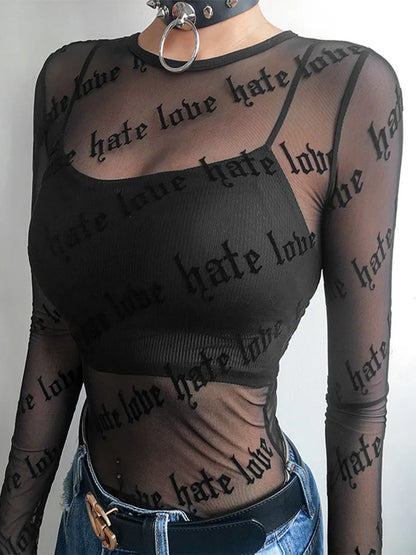 Mesh T-shirts See-through Perspective Tshirt Letter Printed O Neck Transparent Long Sleeve T Shirt Tops