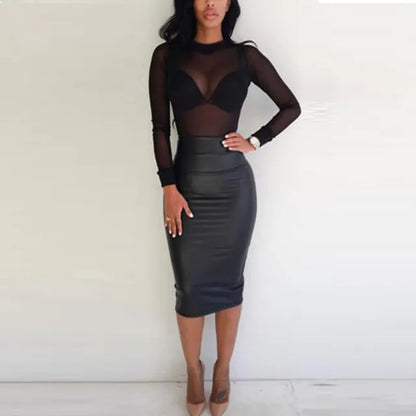 T Shirt See Through Transparent Mesh Tops Long Sleeve Sheer Slim Turtleneck T-shirt