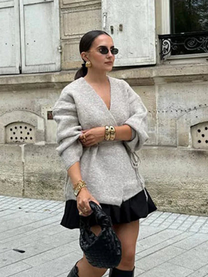 Lace Up Knitted Cardigan V Neck Long Sleeve Loose Sweater Winter New Female