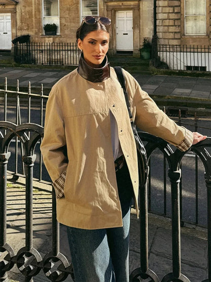 Leather Collar Cargo Jacket Button Down Plaid Pattern Patchwork Jackets Contrast Color Trench Coat Loose Outwear