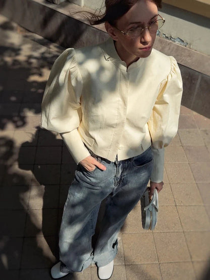 Retro Stand Collar Short Shirt Single Breasted Puffy Sleeve Shirts Coat Lady Versatile