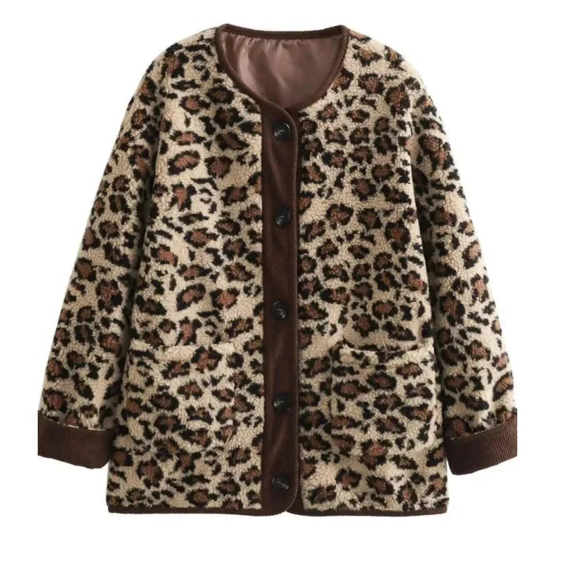 Leopard Print Single Breasted Jacket O Neck Long Sleeves Pocket Coat New Lady Warm Outerwear