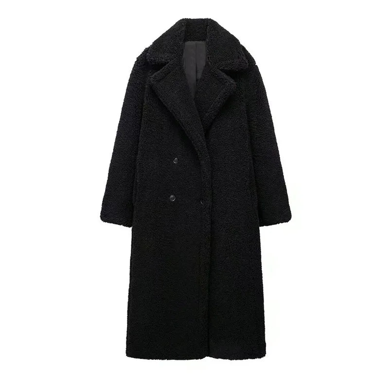 Thicken Warm Outwear Furry Double Breasted Loose Turn-down Collar Long Coat Female Winter Jackets