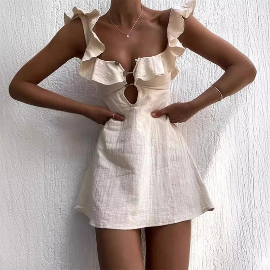 Hollow Ruffled Cotton Beach Gothic Mini Dress