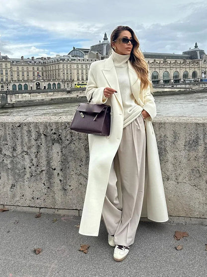 Oversize Lapel Extra Long Woolen Overcoat Double Breasted Cropped Overgarment Lady Commute