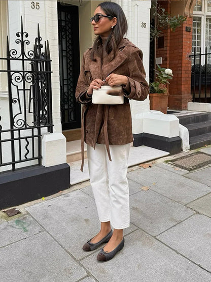 Autumn Lace Up Lapel Collar Suede Jacket Retro Double Breasted Long Sleeve Coat Lady Windbreaker
