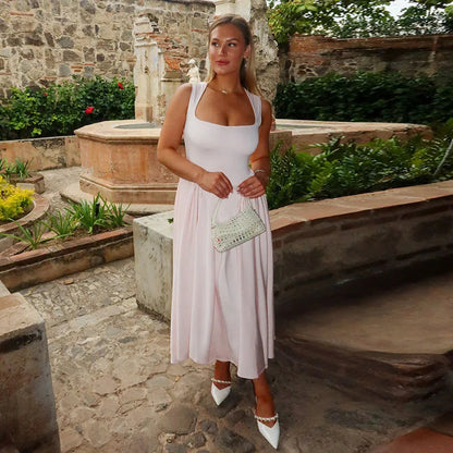 Pleated Square Neck Midi Dress