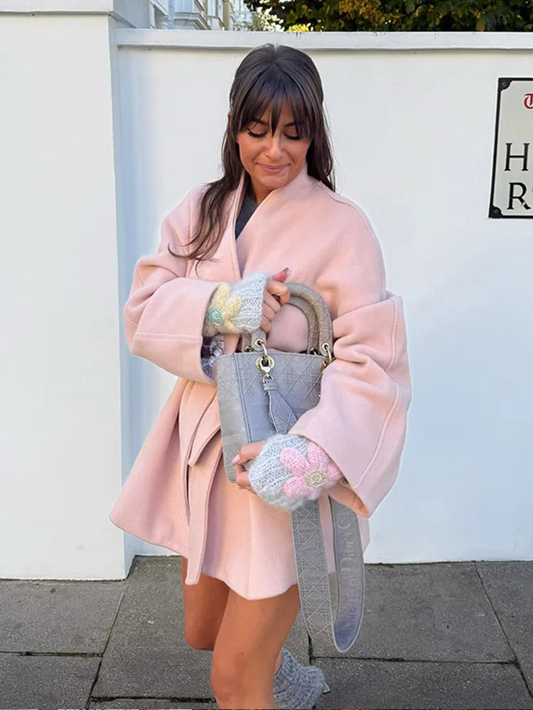 Sweet Pink V-neck Woolen Jacket Belt Lace Up Loose Full Sleeved Outerwear Autumn Winter Lady High Street Overcoat